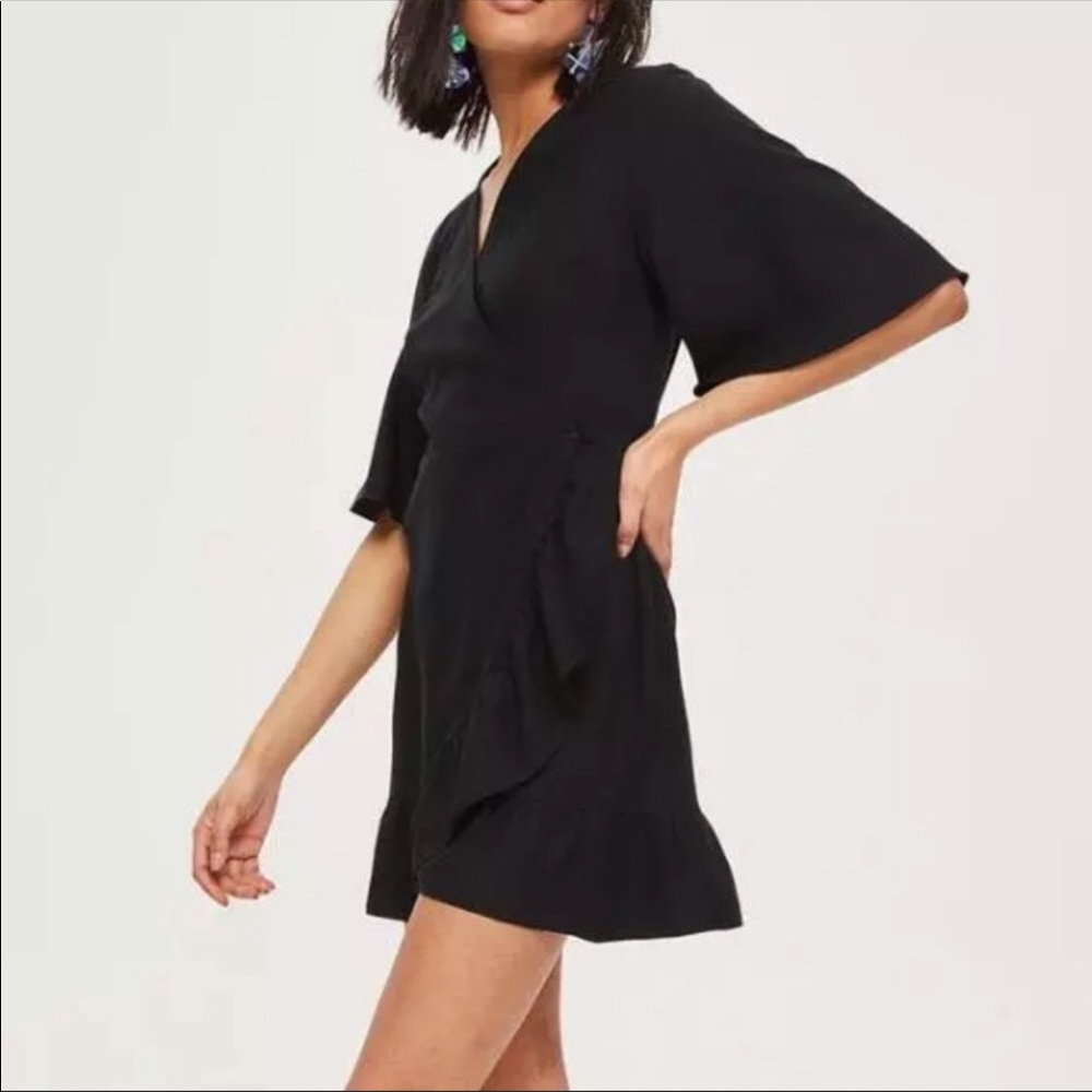 Topshop Black Ruffle Wrap Mini Dress Size 6 NWT